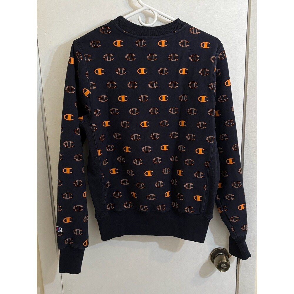 Men's Champion Reverse Weave All Over Print Sweatshirt Small Navy & Orange - Picture 2 of 3
